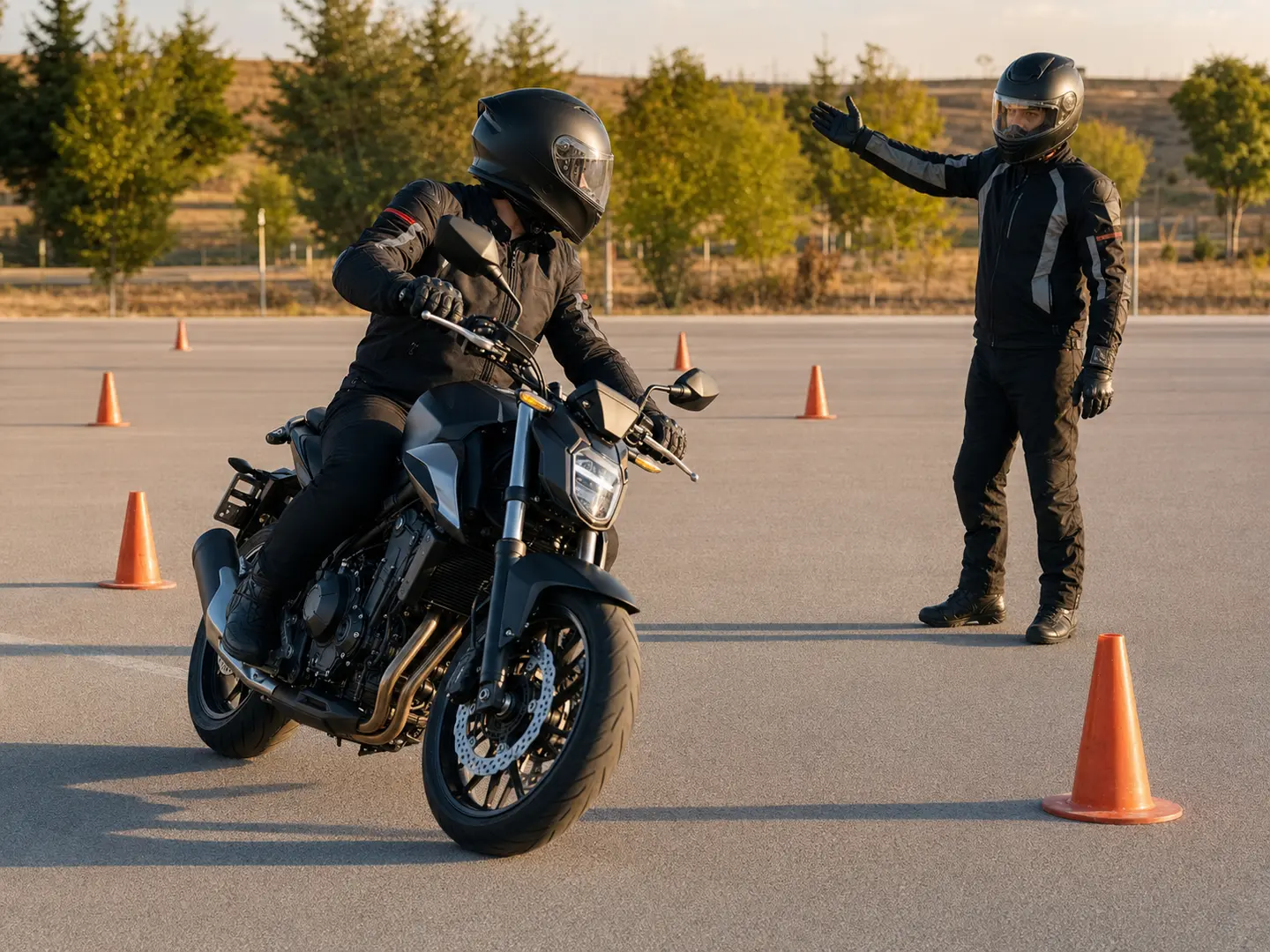 Yeni motosiklete düşük hızda dönüş çalışmasıyla adapte olan sürücü