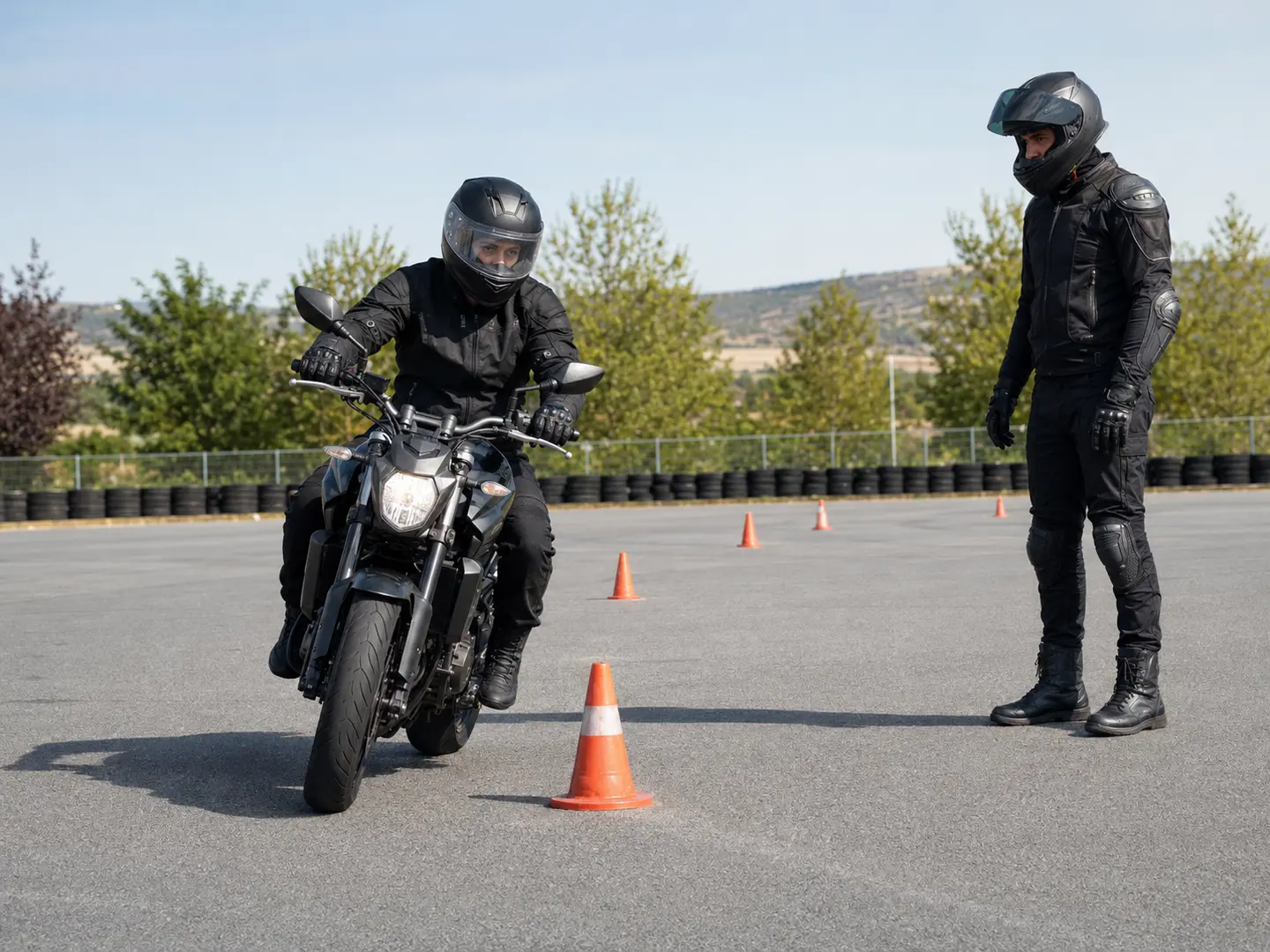 Koniler arasında düşük hız slalom çalışan motosiklet sürücüsü ve eğitmen