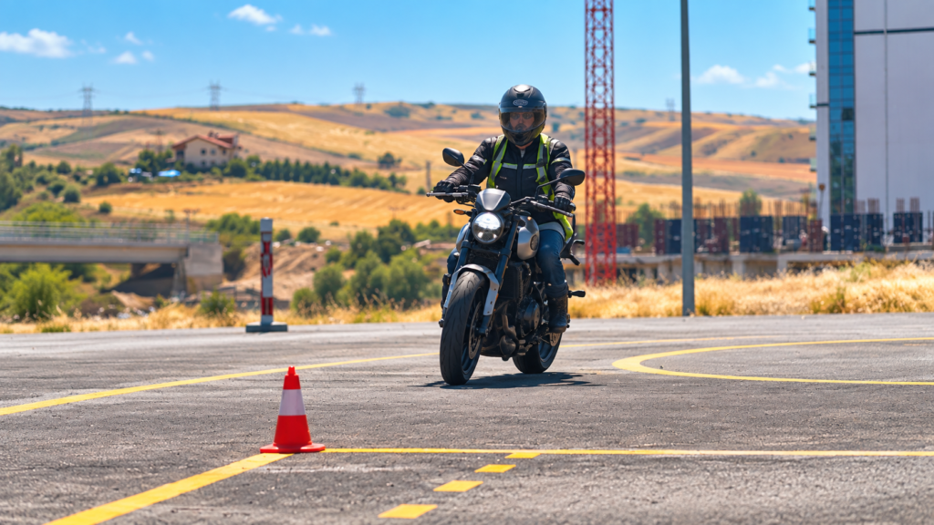 Motosiklet eğitim parkurunda sarı çizgiler ve koniler arasında hedefli sürüş çalışması